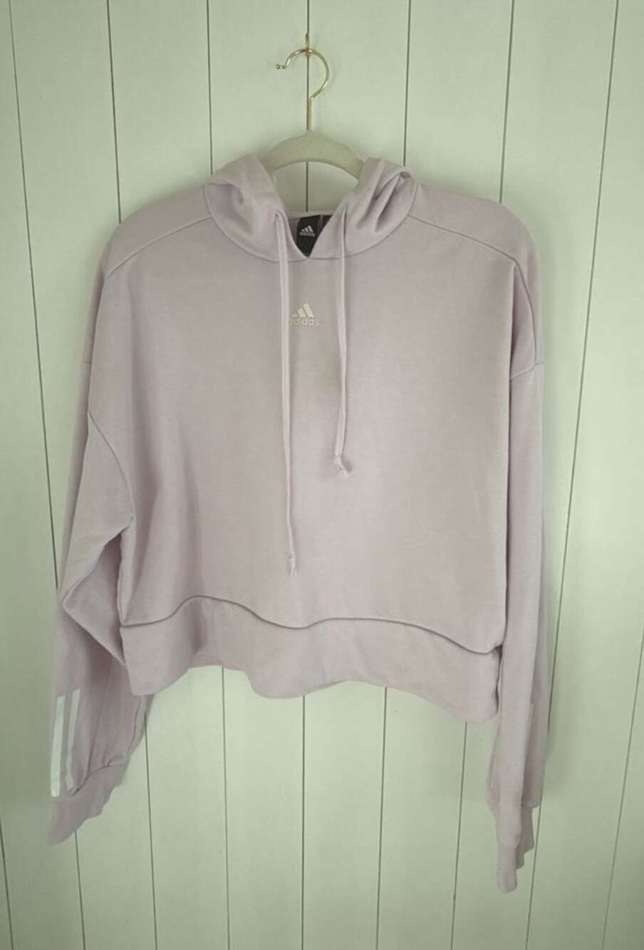 Adidas Women's French Terry Cropped Pink Pullover Hoodie Sweatshirt Size M